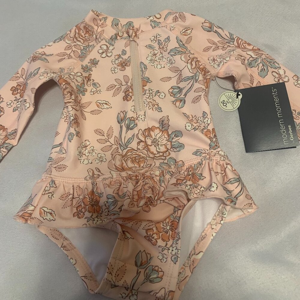 Modern Moments Girls' Peach Floral Long-Sleeve One-Piece Swimsuit with Ruffle